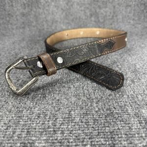 Kids Tooled Rhinestone Studded Western Leather Belt Black Brown Size 28